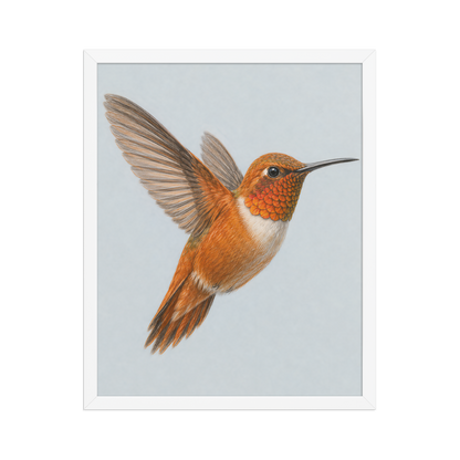 Framed Rufous hummingbird colored pencil illustration print on dusty blue pastel background, wood frame wall art