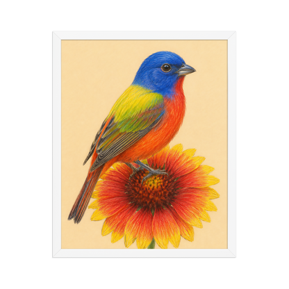 Framed Painted Bunting colored pencil illustration on Indian Blanket flower, wood frame wall art