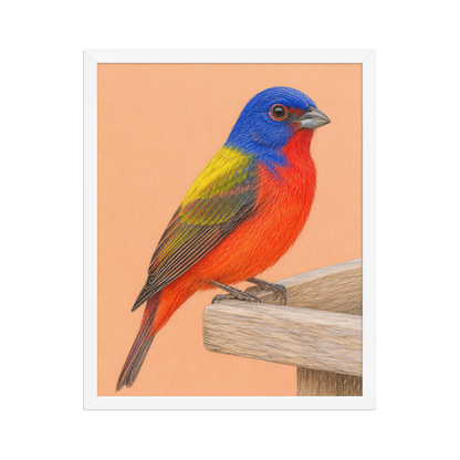 Framed Painted Bunting colored pencil illustration on wooden feeder, apricot background, wood frame wall art