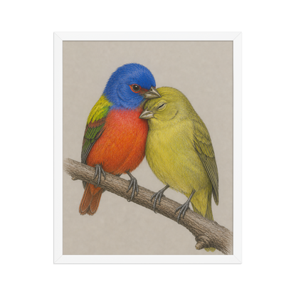 Framed male and female Painted Bunting pair colored pencil illustration, wood frame wall art