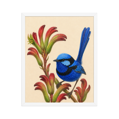 Framed Splendid Fairywren blue wren colored pencil illustration on Kangaroo Paw flowers, wood frame wall art
