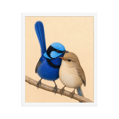 Framed male and female Splendid Fairywren blue wren pair colored pencil illustration, wood frame wall art