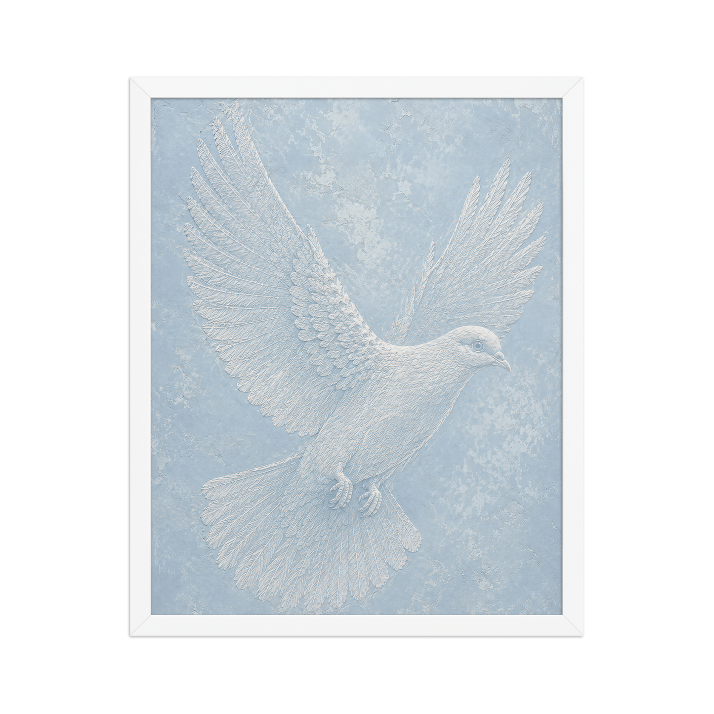 Framed peace dove print with embossed relief-look design on dusty blue textured background