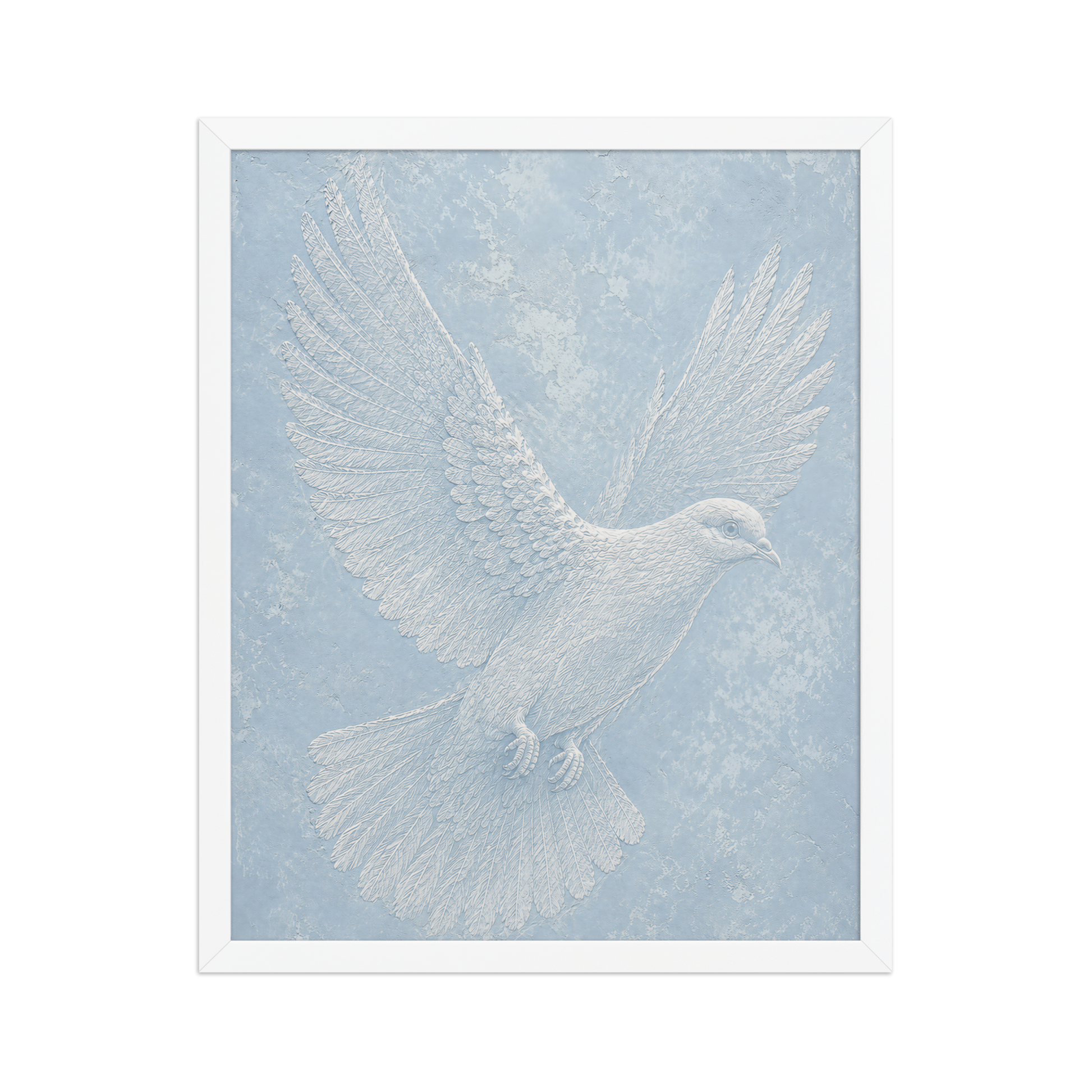Framed peace dove print with embossed relief-look design on dusty blue textured background