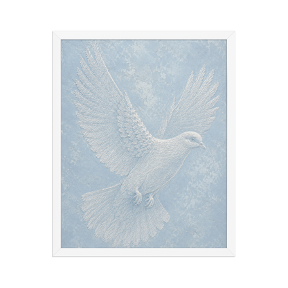 Framed peace dove print with embossed relief-look design on dusty blue textured background