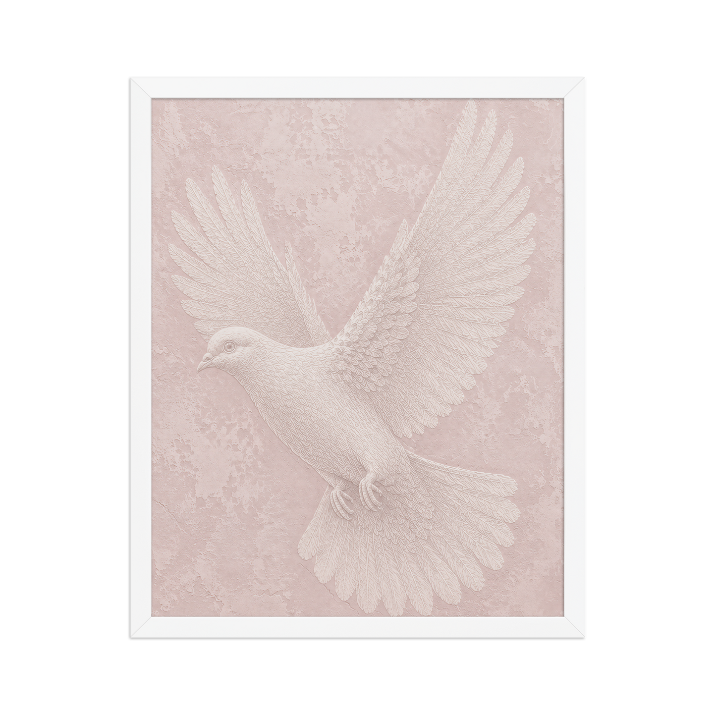 Framed peace dove print with embossed relief-look design on blush pink textured background