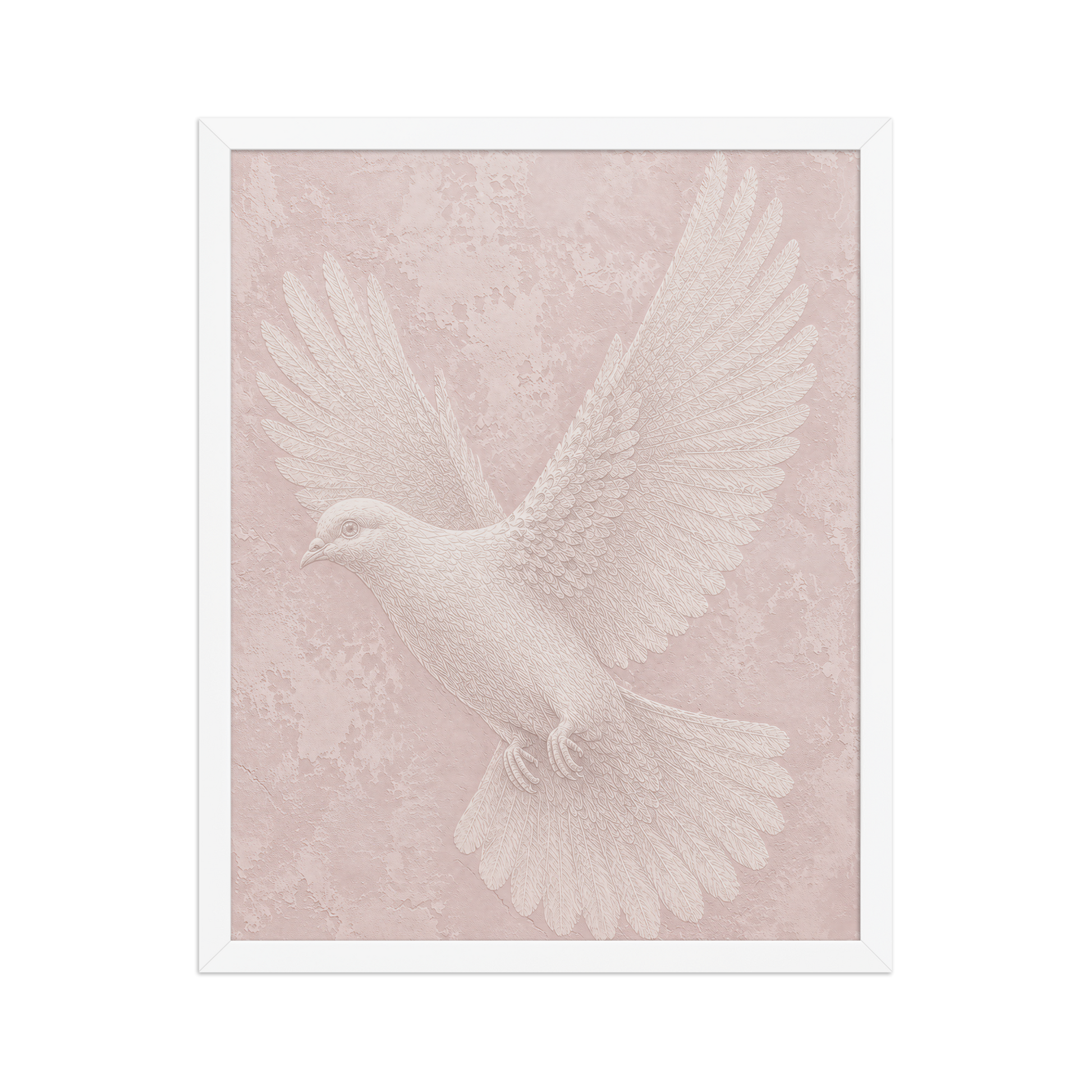 Framed peace dove print with embossed relief-look design on blush pink textured background