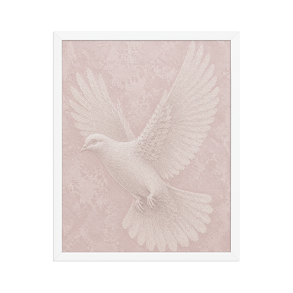 Framed peace dove print with embossed relief-look design on blush pink textured background