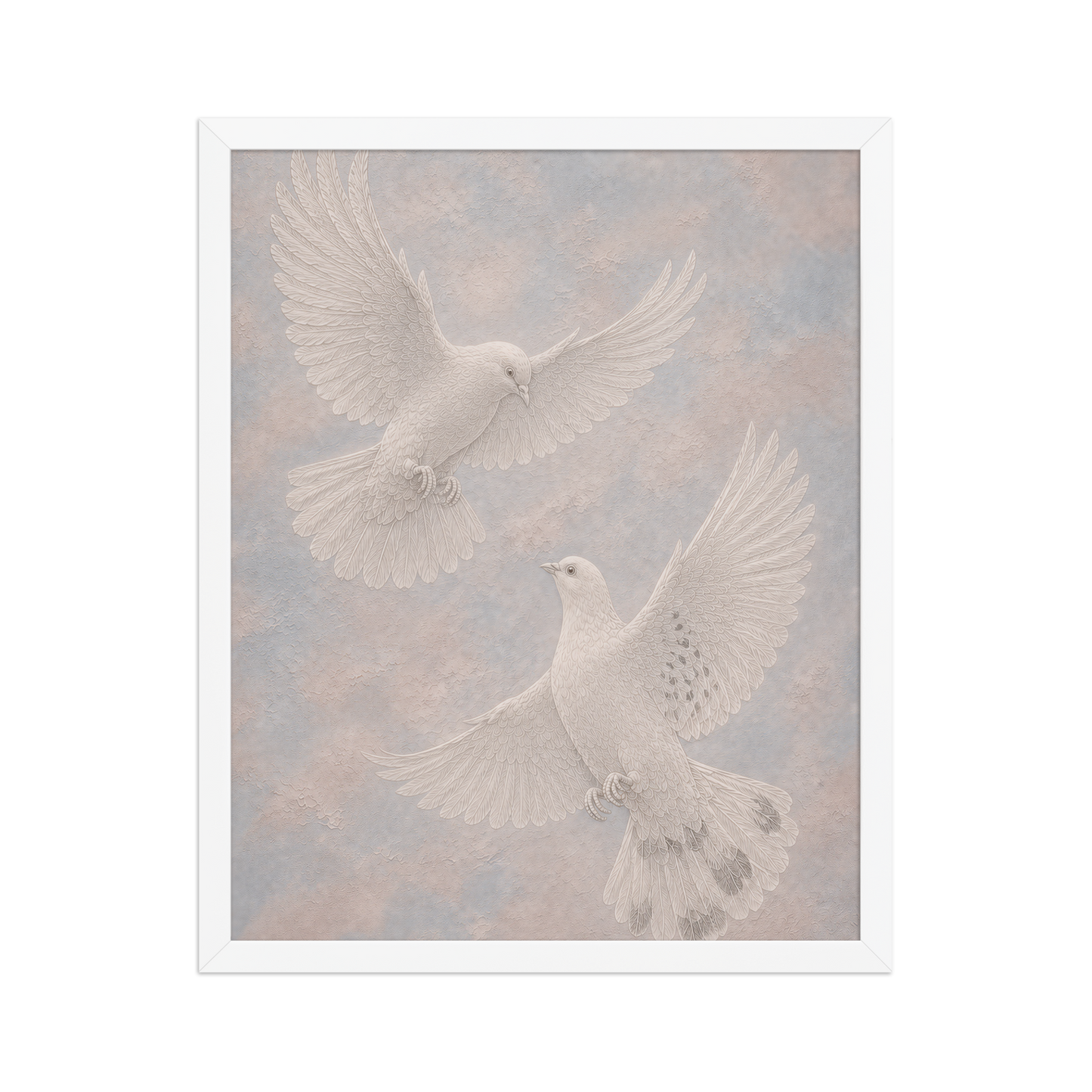 Framed two peace doves print with embossed relief-look design on dusty blue and blush textured background