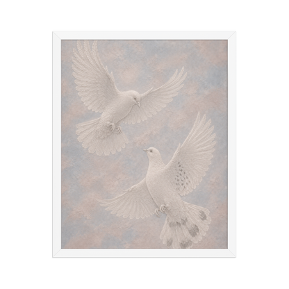 Framed two peace doves print with embossed relief-look design on dusty blue and blush textured background