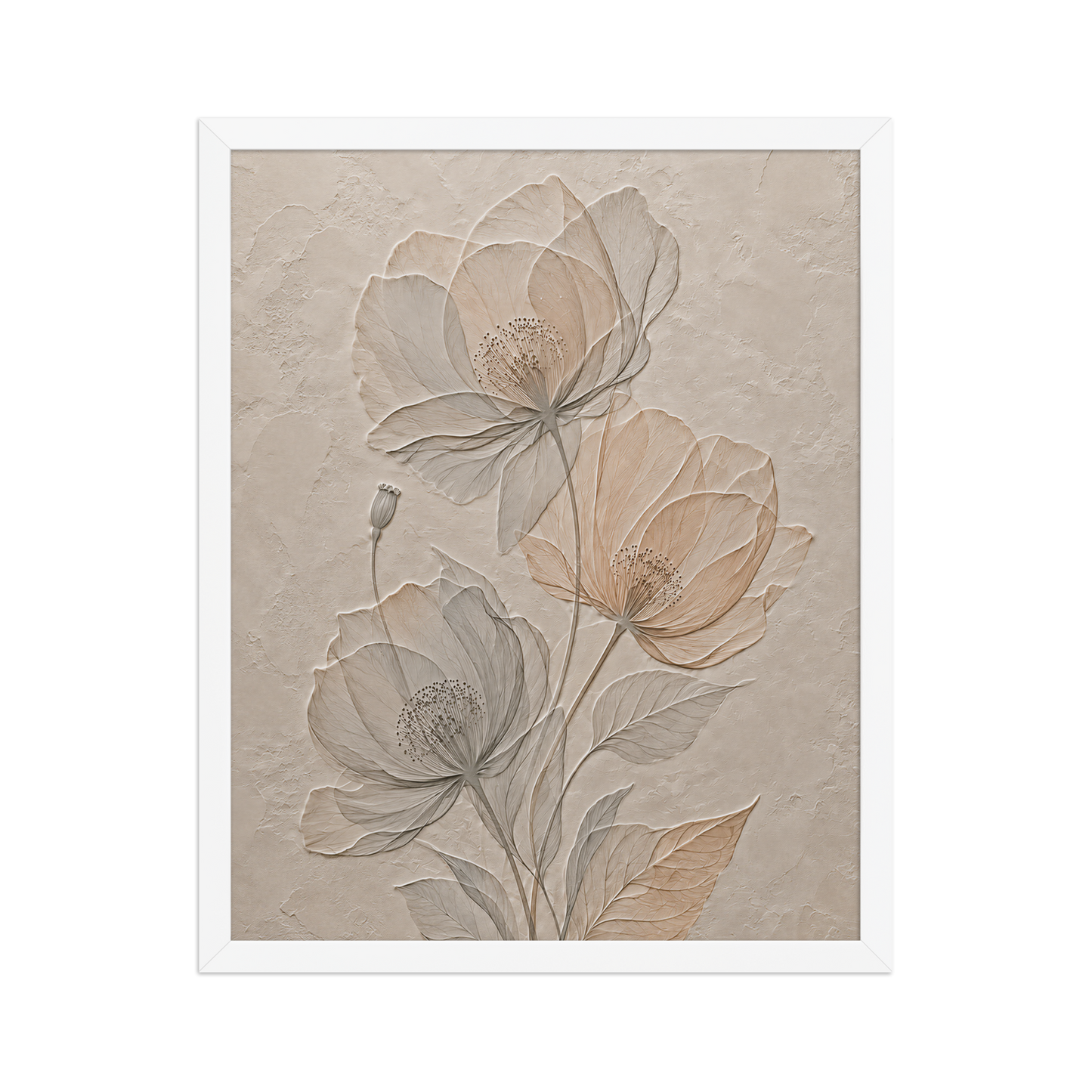 Framed wildflower bouquet print with embossed relief-look design on neutral beige textured background