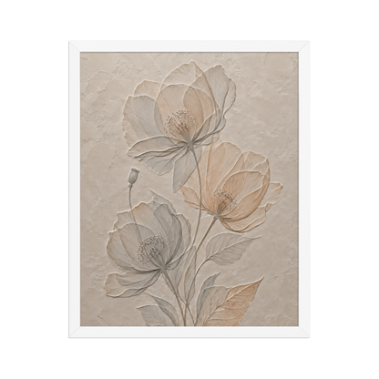 Framed wildflower bouquet print with embossed relief-look design on neutral beige textured background
