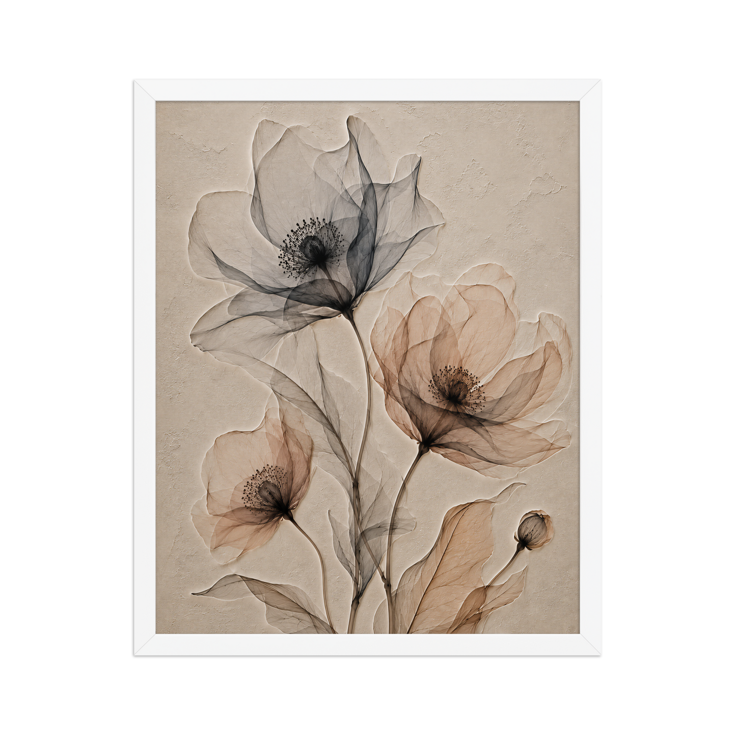 Framed wildflower trio print with embossed relief-look design in charcoal and clay tones on beige textured background