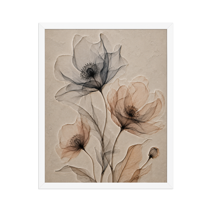 Framed wildflower trio print with embossed relief-look design in charcoal and clay tones on beige textured background