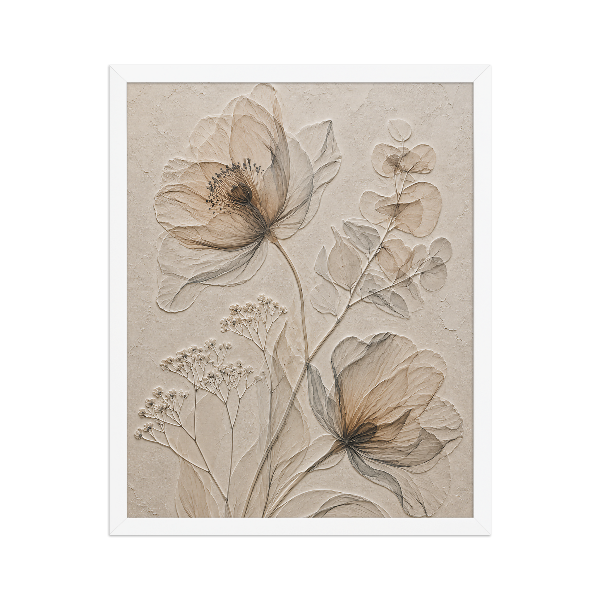 Framed botanical study print with embossed relief-look design in warm sepia tones on beige textured background