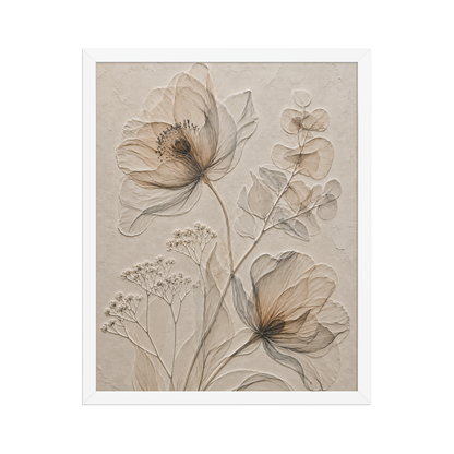 Framed botanical study print with embossed relief-look design in warm sepia tones on beige textured background