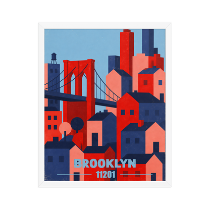 Framed Brooklyn Bridge retro travel poster, 11201 zip code wall art