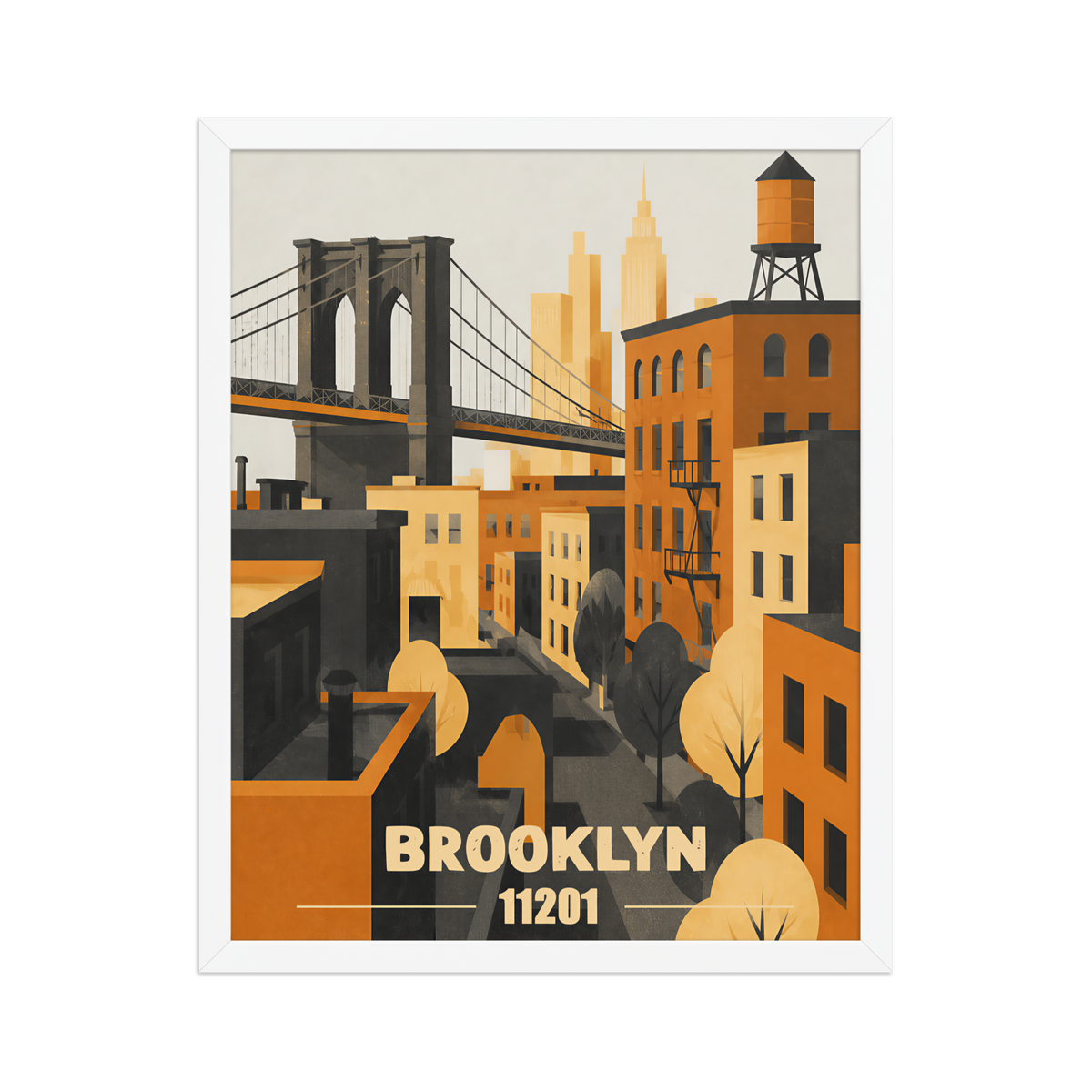 Framed Brooklyn fire escape retro travel poster, 11201 zip code wall art
