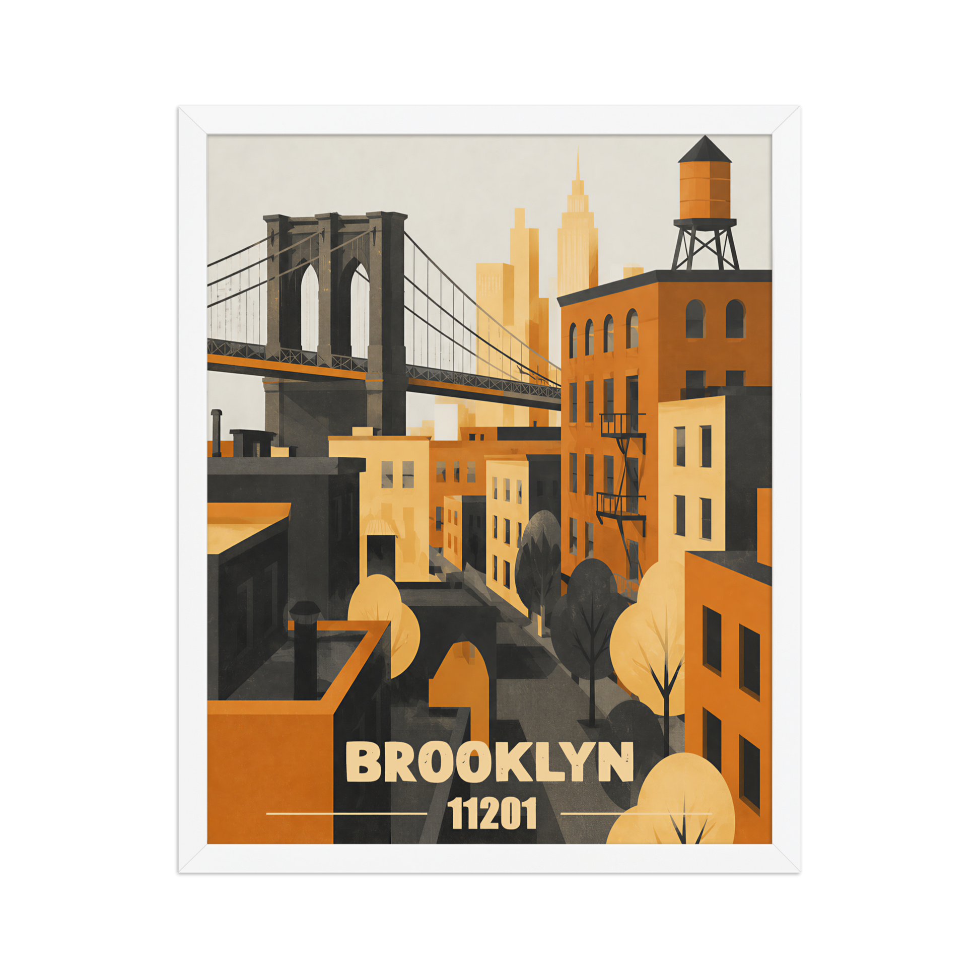Framed Brooklyn fire escape retro travel poster, 11201 zip code wall art