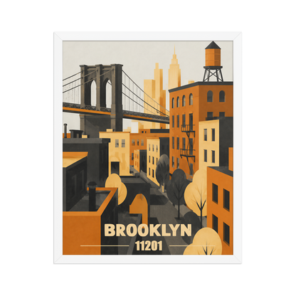 Framed Brooklyn fire escape retro travel poster, 11201 zip code wall art