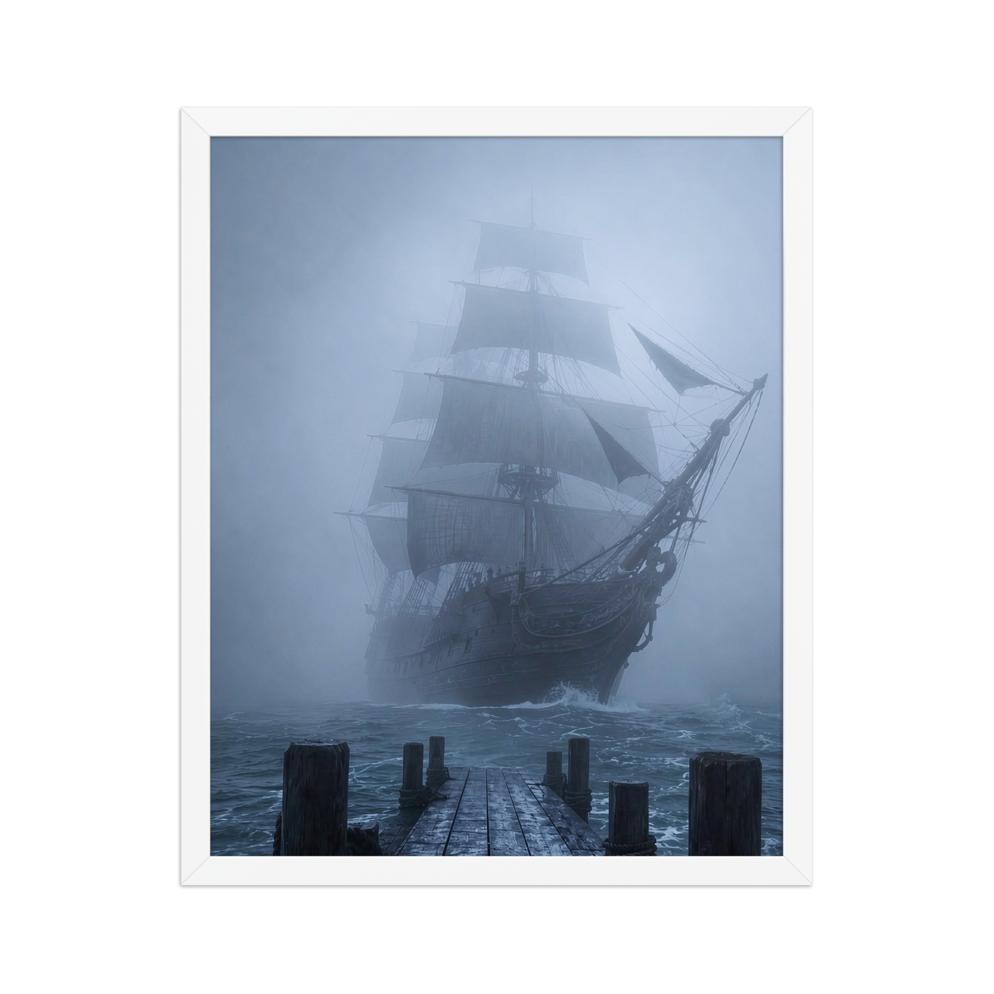 Ghost ship emerging from fog at dawn, dark moody framed wall art print ready to hang, JMTR Jeometry Store