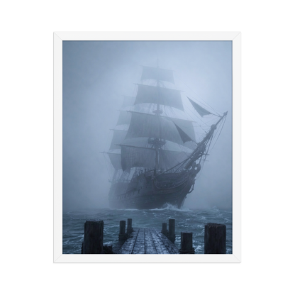 Ghost ship emerging from fog at dawn, dark moody framed wall art print ready to hang, JMTR Jeometry Store