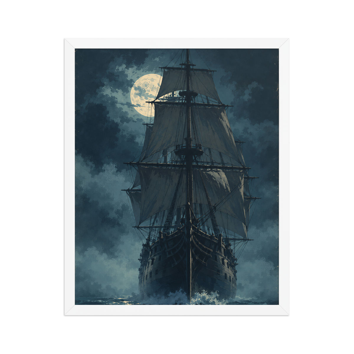 Tall ship sailing under full moon at night, vintage atmospheric nautical framed wall art print ready to hang, JMTR Jeometry Store