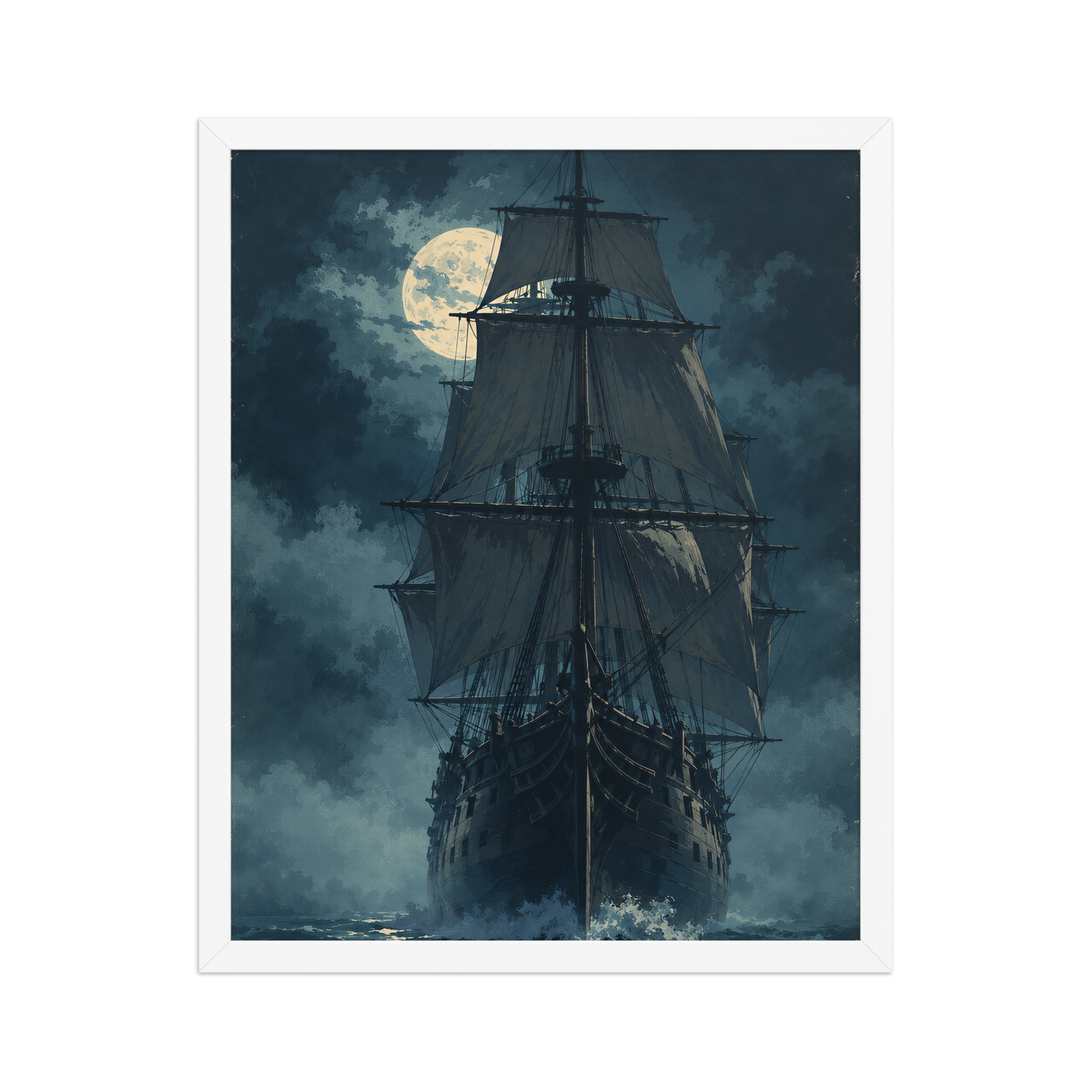 Tall ship sailing under full moon at night, vintage atmospheric nautical framed wall art print ready to hang, JMTR Jeometry Store
