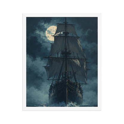 Tall ship sailing under full moon at night, vintage atmospheric nautical framed wall art print ready to hang, JMTR Jeometry Store