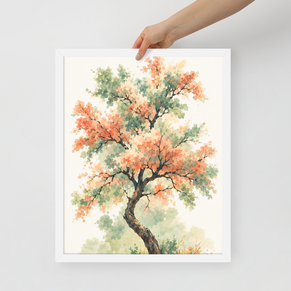 Watercolor painting of a blossoming tree with coral and sage green leaves, twisting trunk in a quiet meadow, framed wall art print ready to hang, JMTR Jeometry Store