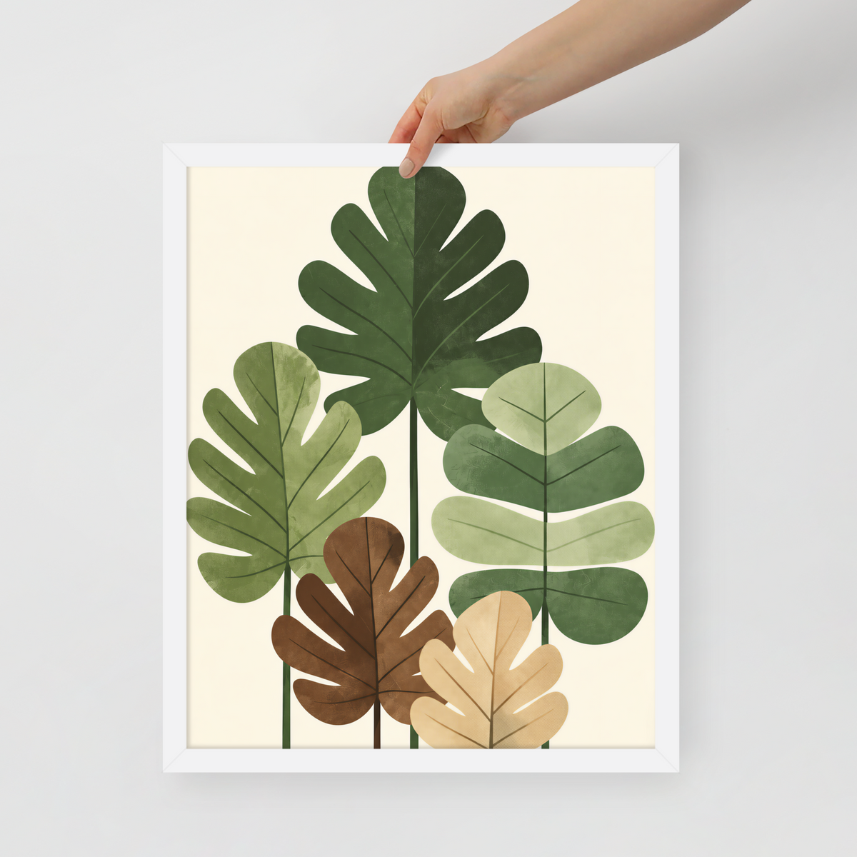 Illustrated fig leaves in shades of green, brown and gold with textured paper-like finish, framed wall art print ready to hang, JMTR Jeometry Store