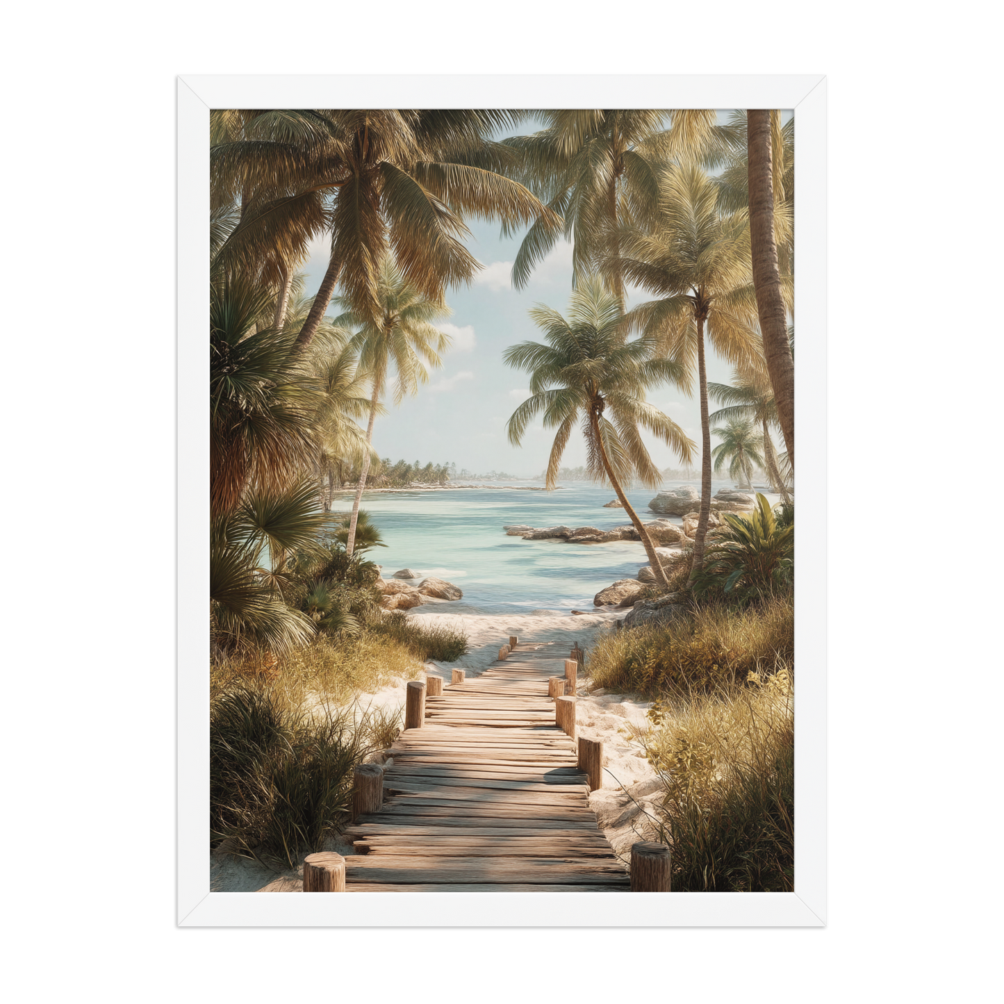 Wooden boardwalk path through tropical palm trees 
leading to calm turquoise beach, framed wall art print, 
black frame, JMTR Jeometry Store