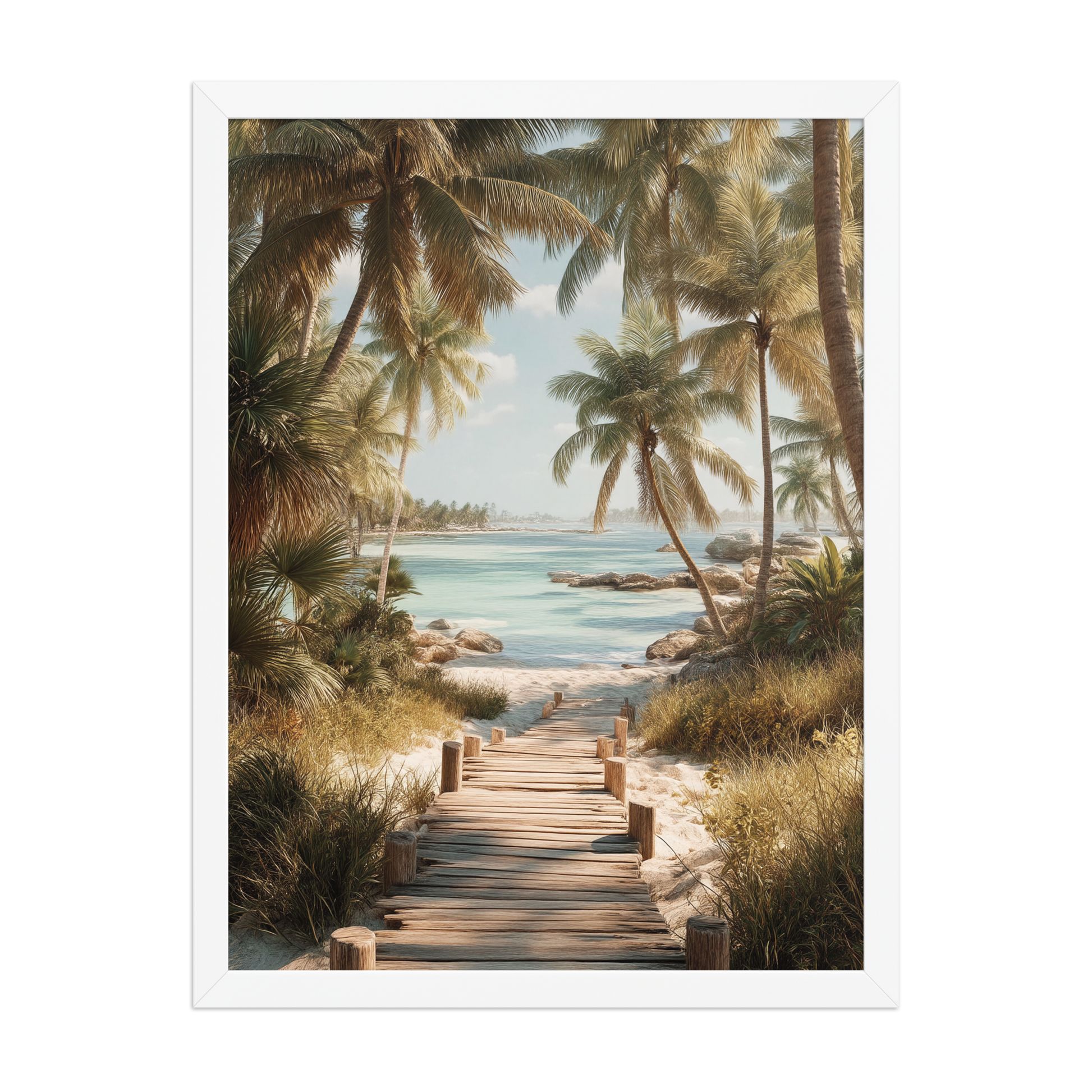 Wooden boardwalk path through tropical palm trees 
leading to calm turquoise beach, framed wall art print, 
black frame, JMTR Jeometry Store