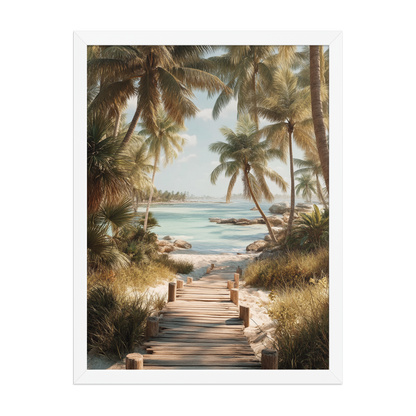 Wooden boardwalk path through tropical palm trees 
leading to calm turquoise beach, framed wall art print, 
black frame, JMTR Jeometry Store