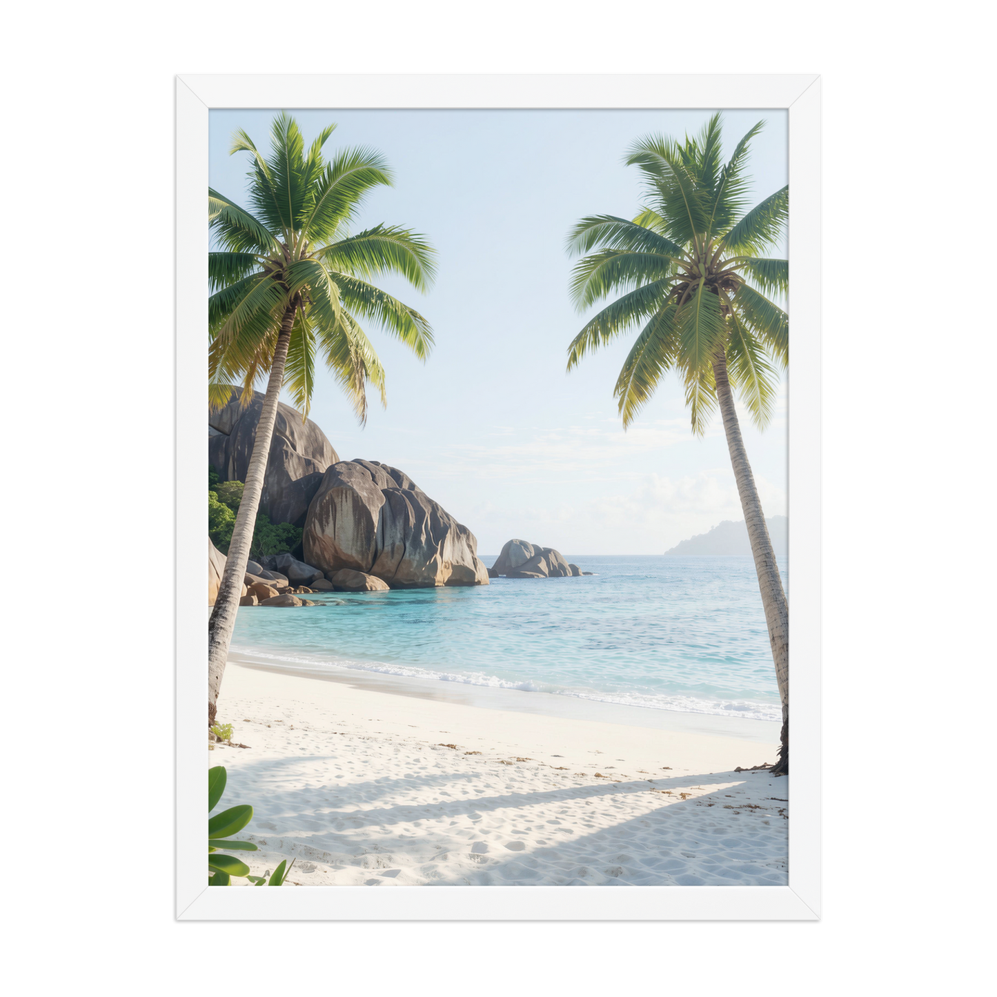 Framed tropical beach print with turquoise ocean, white sand and palm trees, ready to hang coastal wall art, JMTR Jeometry Store