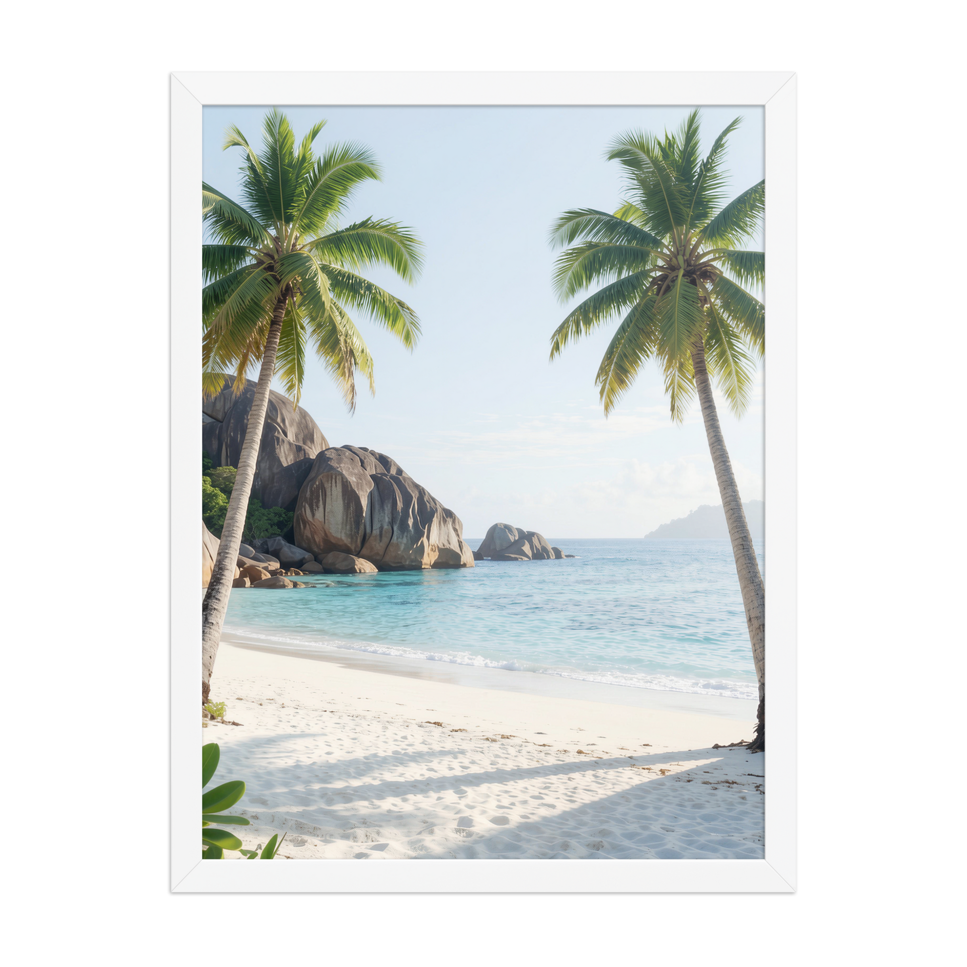Framed tropical beach print with turquoise ocean, white sand and palm trees, ready to hang coastal wall art, JMTR Jeometry Store