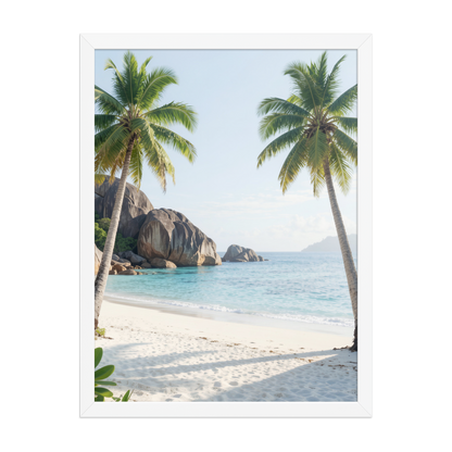 Framed tropical beach print with turquoise ocean, white sand and palm trees, ready to hang coastal wall art, JMTR Jeometry Store