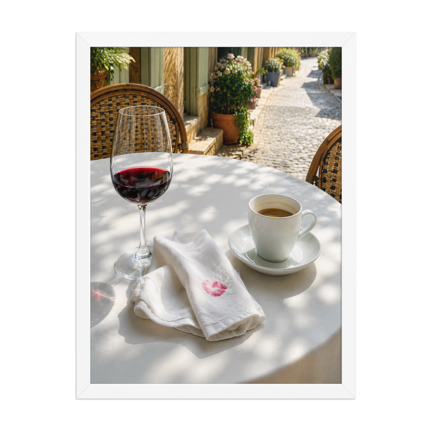 Framed sunlit café terrace print with red wine and espresso, ready to hang wall art, JMTR Jeometry Store