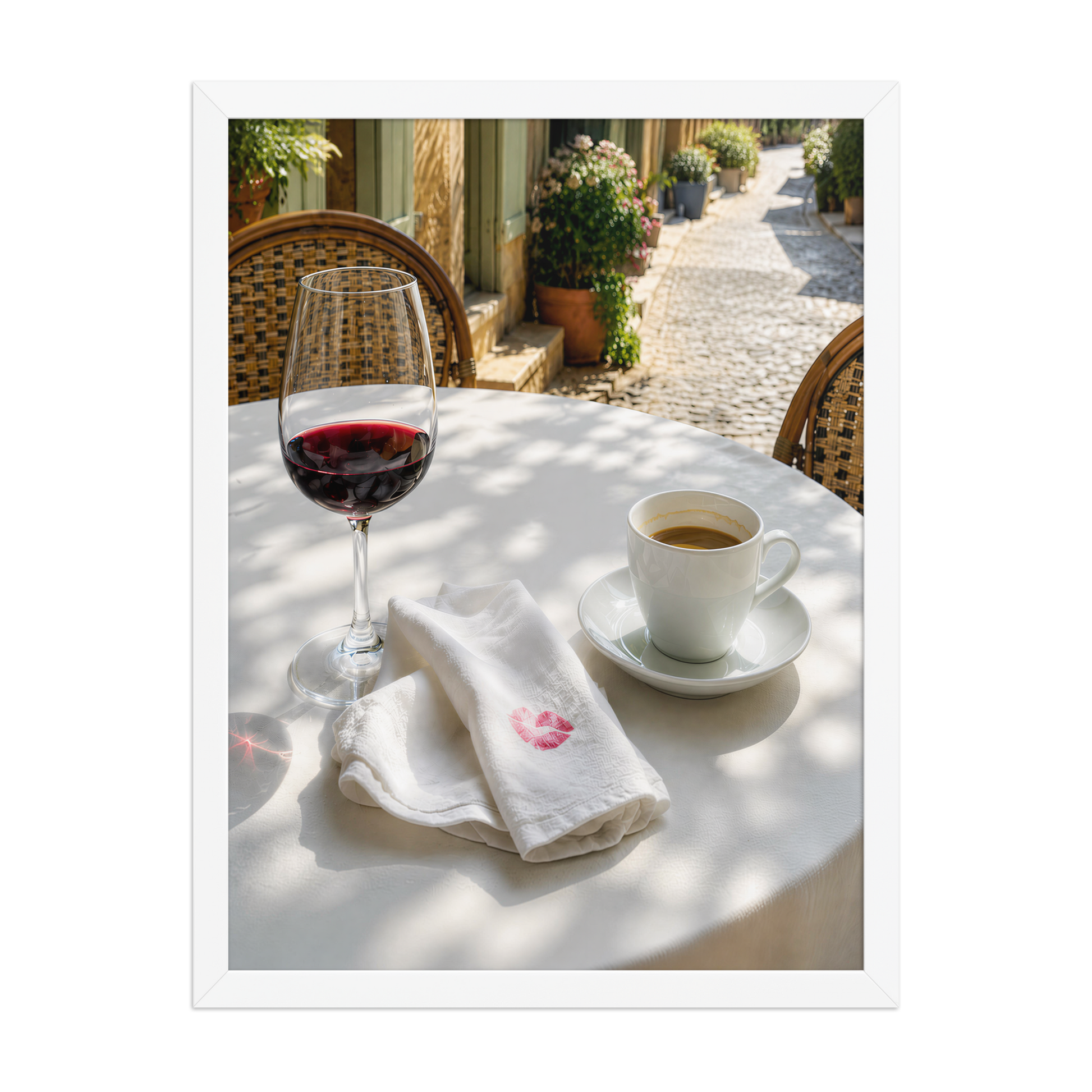 Framed sunlit café terrace print with red wine and espresso, ready to hang wall art, JMTR Jeometry Store