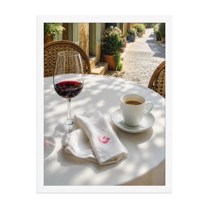 Framed sunlit café terrace print with red wine and espresso, ready to hang wall art, JMTR Jeometry Store