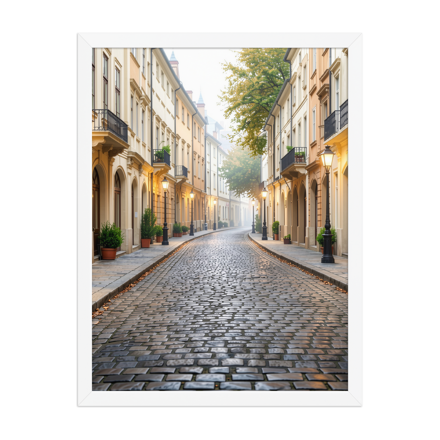 Framed European cobblestone street wall art, calm aesthetic old town morning fog poster, black frame, JMTR Jeometry Store
