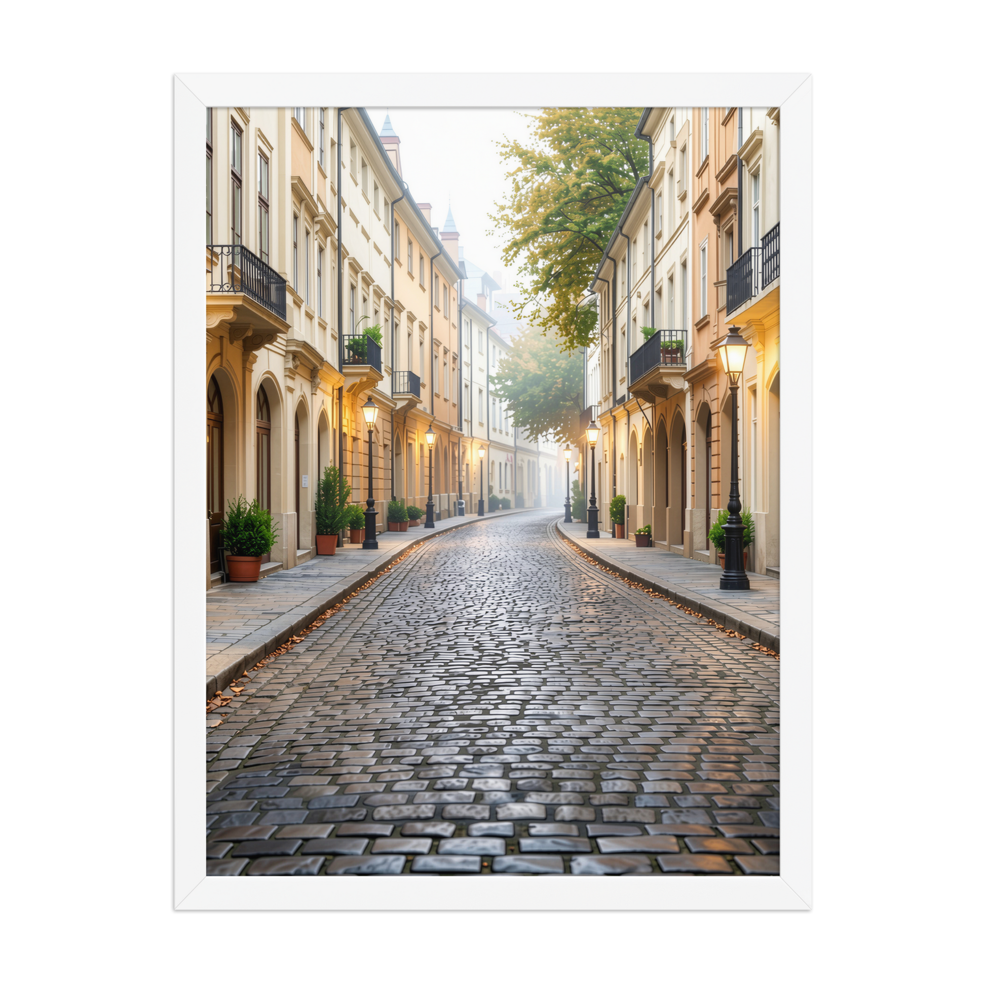 Framed European cobblestone street wall art, calm aesthetic old town morning fog poster, black frame, JMTR Jeometry Store