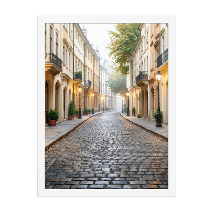 Framed European cobblestone street wall art, calm aesthetic old town morning fog poster, black frame, JMTR Jeometry Store