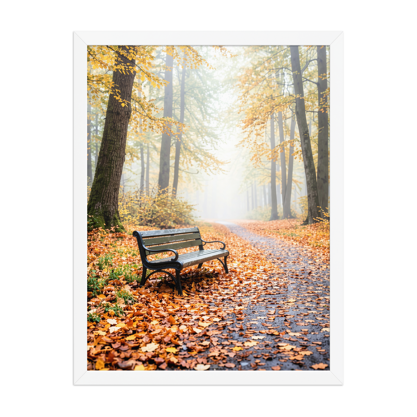 Framed autumn park bench wall art, foggy forest path fall leaves calm aesthetic poster, black frame, JMTR Jeometry Store
