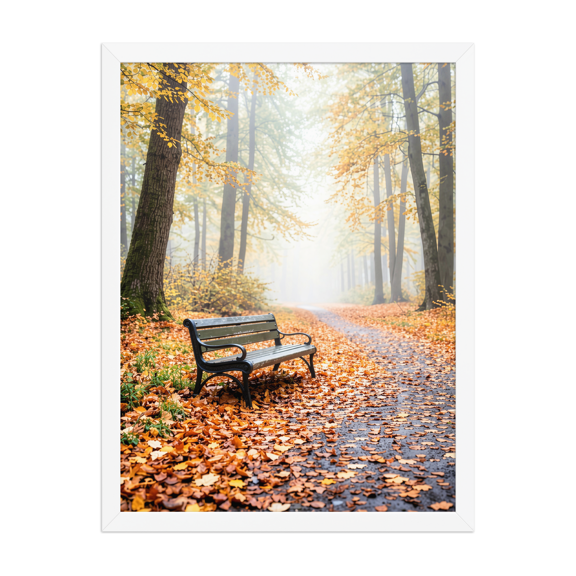 Framed autumn park bench wall art, foggy forest path fall leaves calm aesthetic poster, black frame, JMTR Jeometry Store