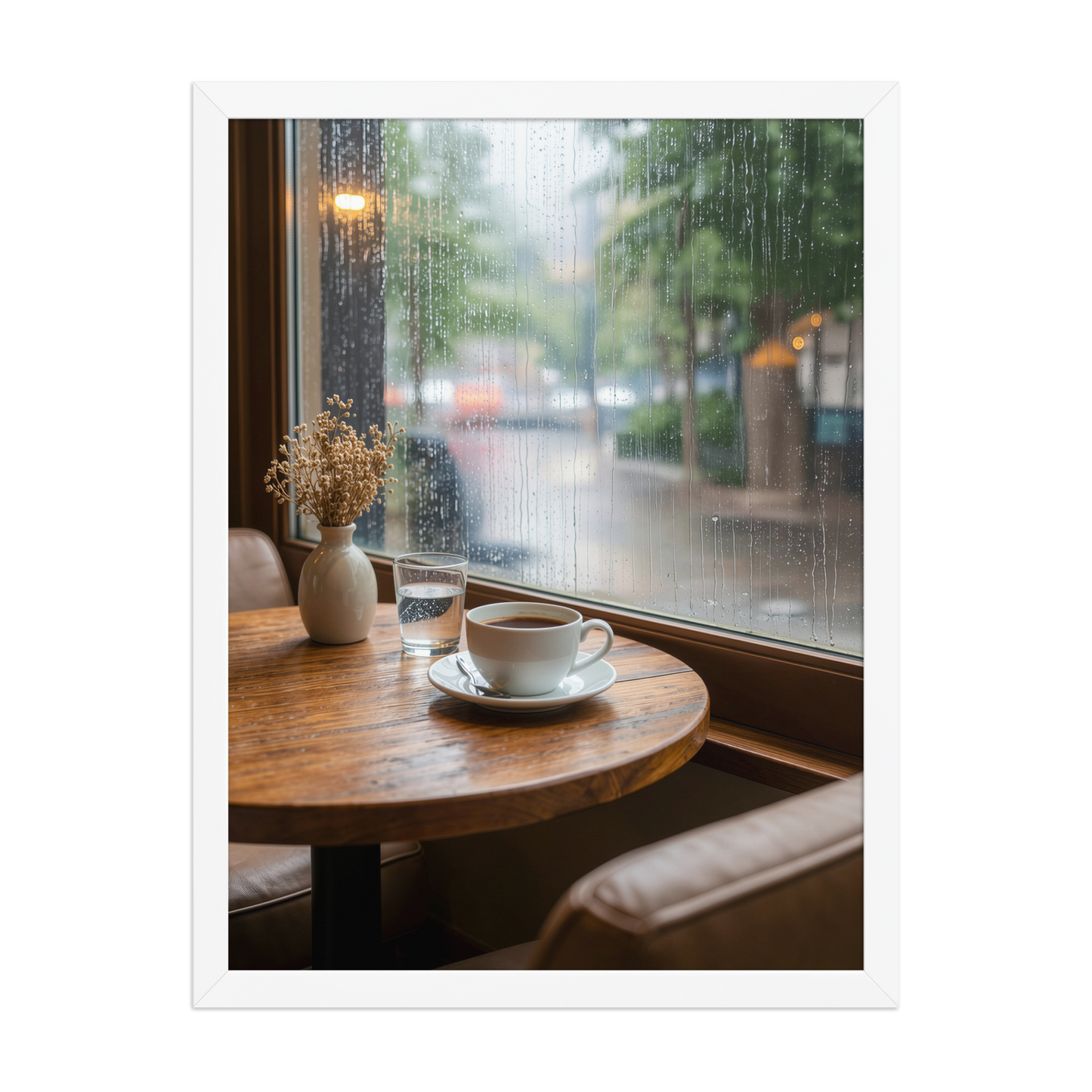 Framed rainy day cafe wall art, coffee cup by rain window calm aesthetic poster, black frame, JMTR Jeometry Store
