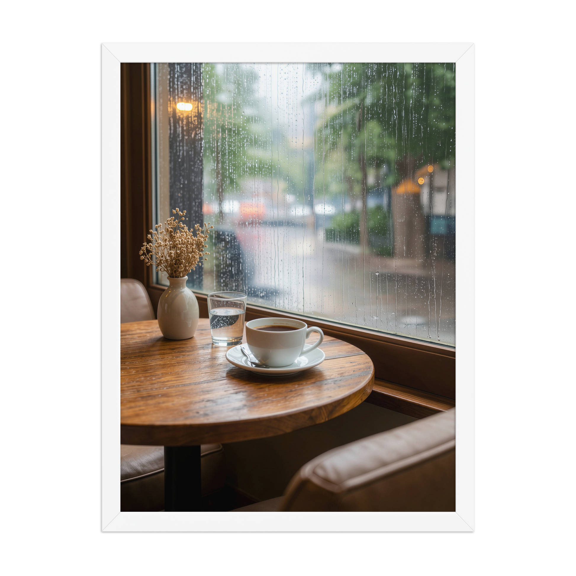 Framed rainy day cafe wall art, coffee cup by rain window calm aesthetic poster, black frame, JMTR Jeometry Store
