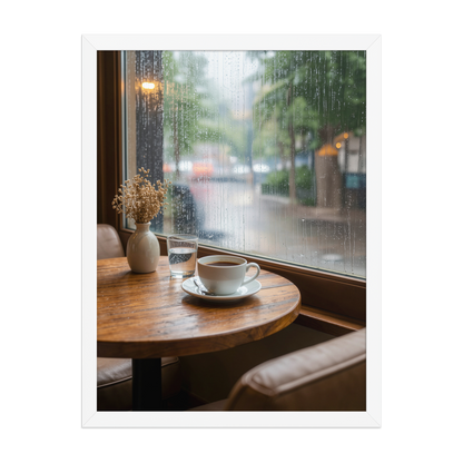 Framed rainy day cafe wall art, coffee cup by rain window calm aesthetic poster, black frame, JMTR Jeometry Store