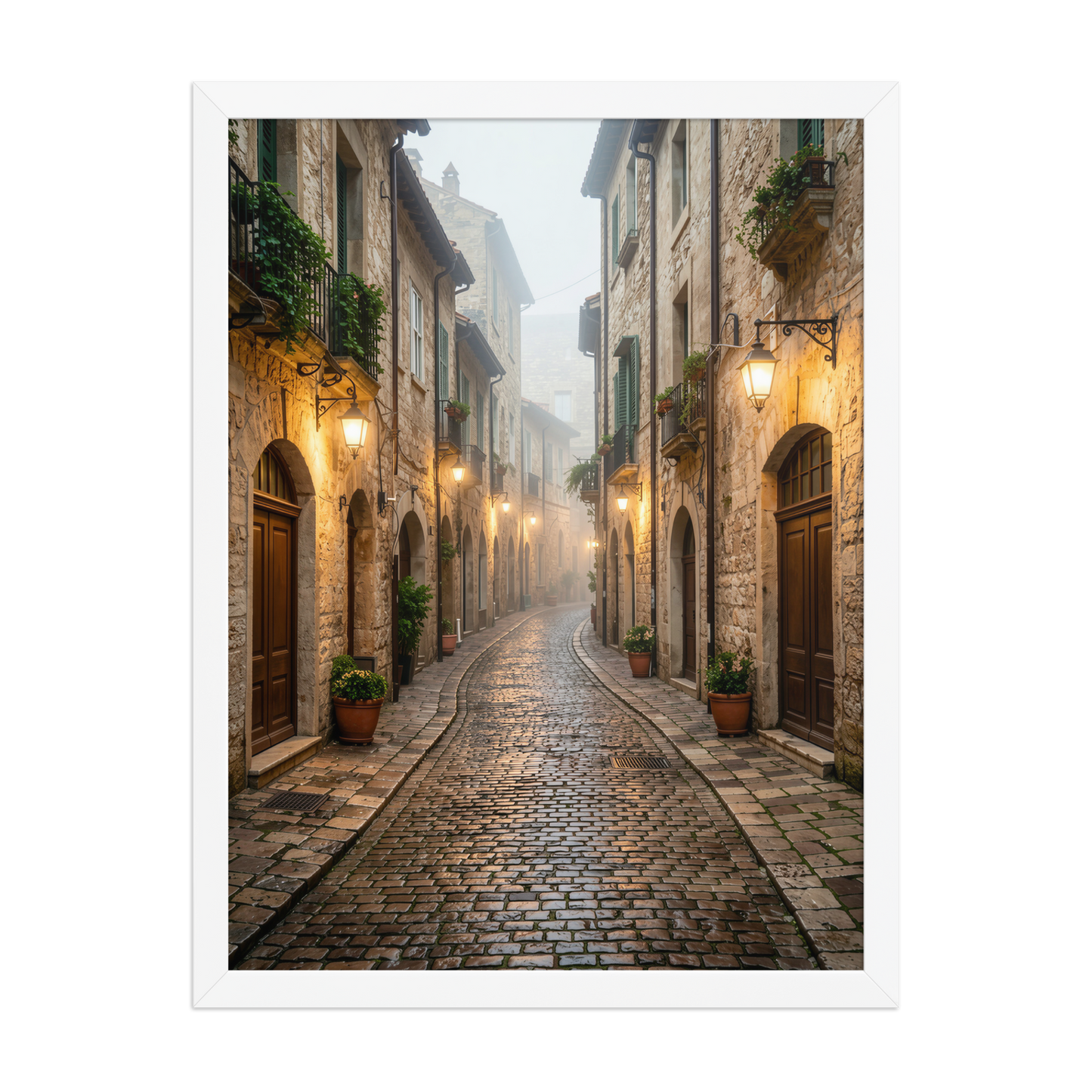 Framed Italian village cobblestone street wall art, warm lanterns foggy alley calm aesthetic poster, black frame, JMTR Jeometry Store