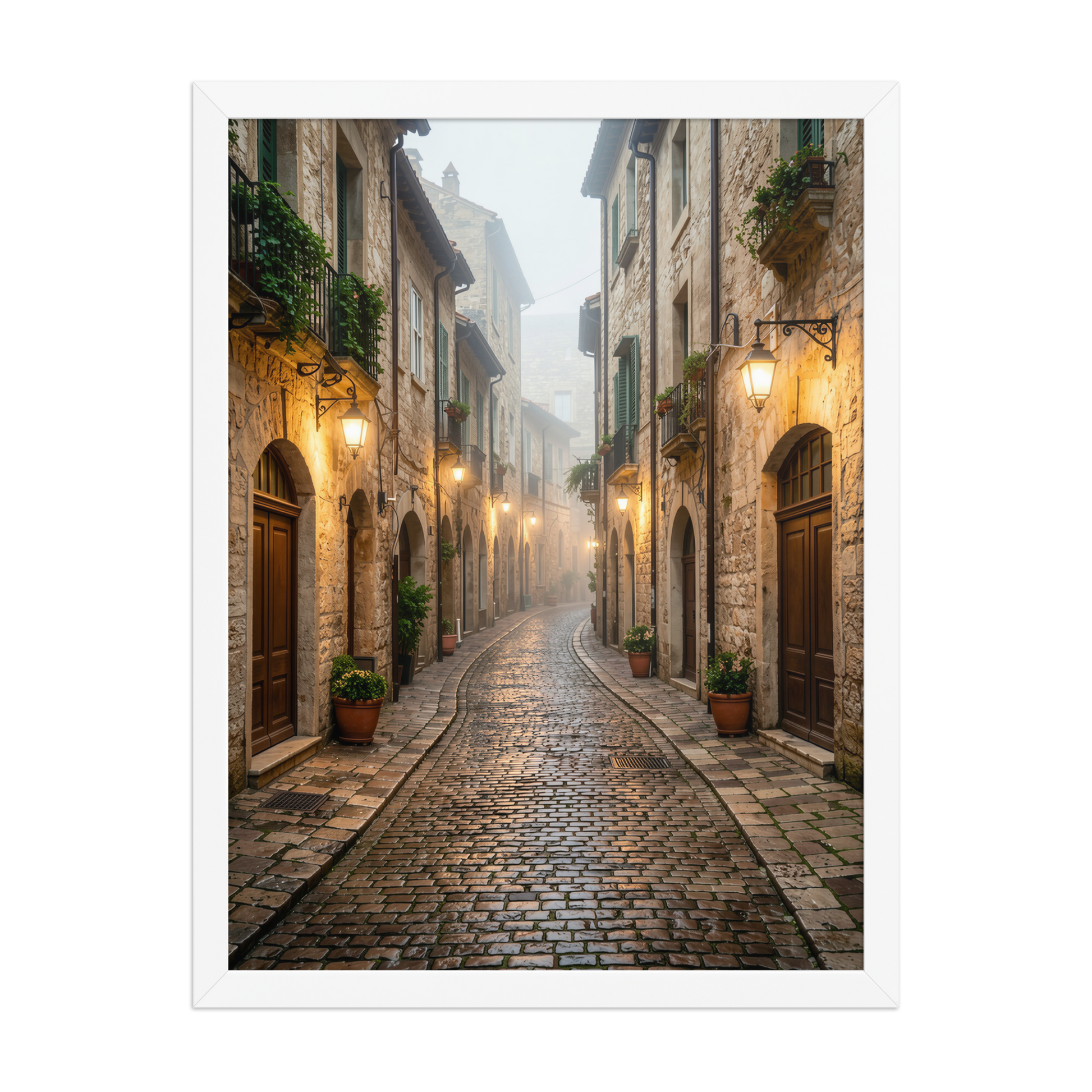 Framed Italian village cobblestone street wall art, warm lanterns foggy alley calm aesthetic poster, black frame, JMTR Jeometry Store